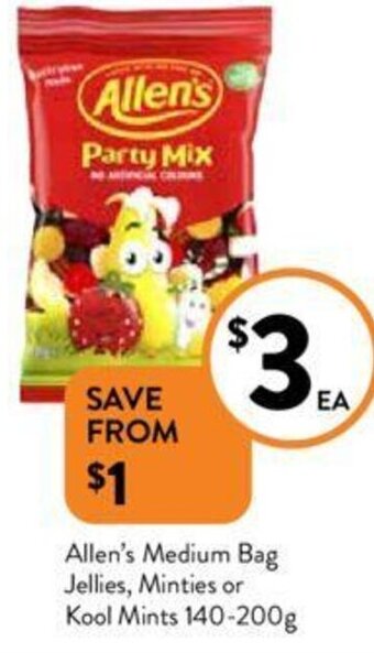 Foodworks Allen's Medium Bag Jellies, Minties or Kool Mints 140-200g offer