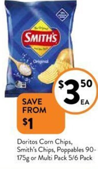 Foodworks Doritos Corn Chips, Smith's Chips, Poppables 90-175g or Multi Pack 5/6 Pack offer
