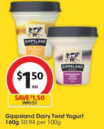 Coles Gippsland Dairy Twist Yogurt 160g offer