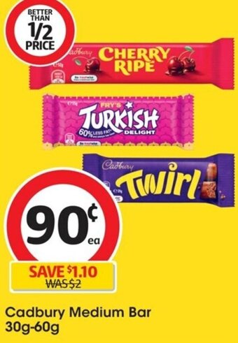 Coles Cadbury Medium Bar 30g-60g offer