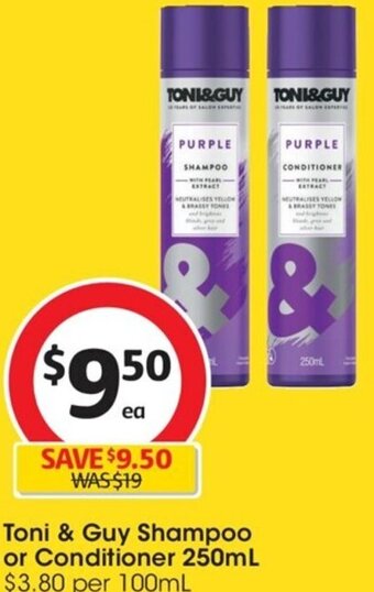 Coles Toni & Guy Shampoo or Conditioner 250mL offer
