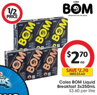 Coles Coles BOM Liquid Breakfast 3x250mL offer