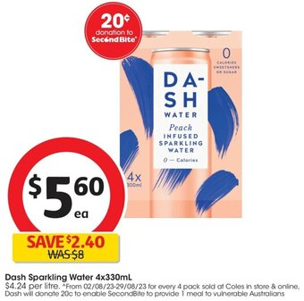 Coles Dash Sparkling Water 4x330mL offer
