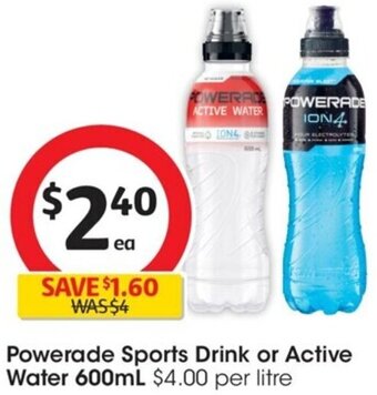 Coles Powerade Sports Drink or Active Water 600mL offer