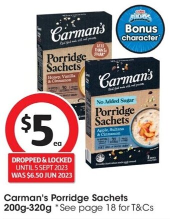 Coles Carman's Porridge Sachets 200g-320g offer