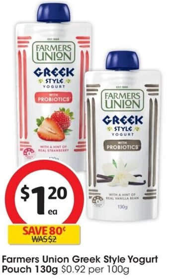 Coles Farmers Union Greek Style Yogurt Pouch 130g offer