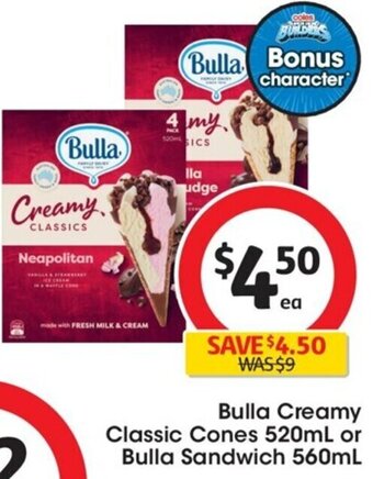 Coles Bulla Creamy Classic Cones 520mL or Bulla Sandwich 560mL offer