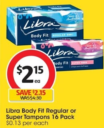 Coles Libra Body Fit Regular or Super Tampons 16 Pack offer