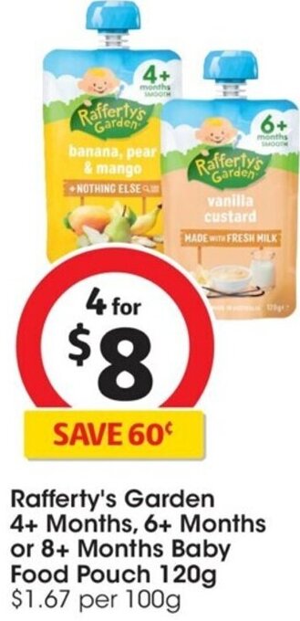 Coles Rafferty's Garden 4+ Months, 6+ Months or 8+ Months Baby Food Pouch 120g offer