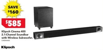 Harvey Norman Klipsch Cinema 400 2.1-Channel Soundbar with Wireless Subwoofer. offer