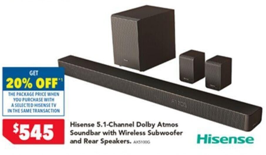 Hisense 5.1Channel Dolby Atmos Soundbar with Wireless Subwoofer and