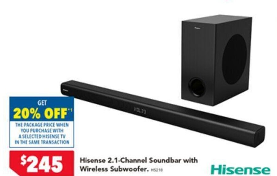 Hisense 2.1Channel Soundbar with Wireless Subwoofer. offer at Harvey