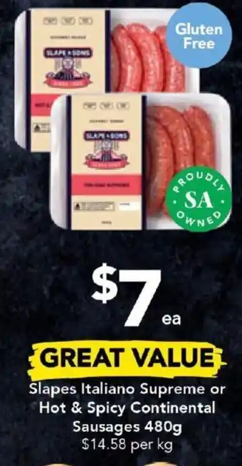 Drakes Slapes Italiano Supreme or Hot & Spicy Continental Sausages 480g offer
