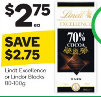 Lindt Excellence or Lindor Blocks 80-100g