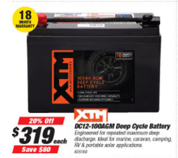 XTM DC12100AGM Deep Cycle Battery offer at SuperCheap Auto