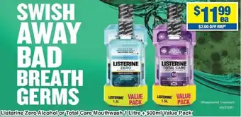 Listerine Zero Alcohol or Total Care Mouthwash 1 Litre + 500ml Value Pack