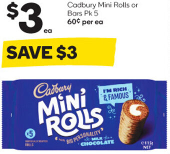 Woolworths Cadbury Mini Rolls or Bars Pk 5 offer