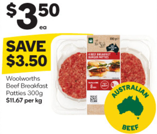 Woolworths Beef Breakfast Patties 300g offer at Woolworths