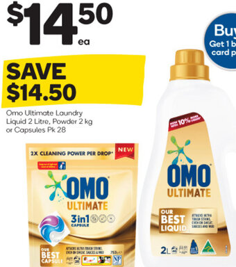 Woolworths Omo Ultimate Laundry Liquid 2 Litre, Powder 2 kg or Capsules Pk 28 offer
