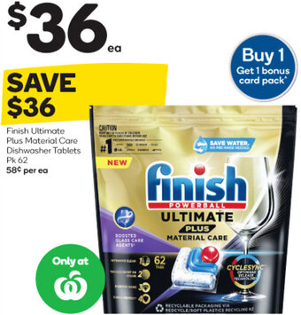 Woolworths Finish Ultimate Plus Material Care Dishwasher Tablets Pk 62 offer