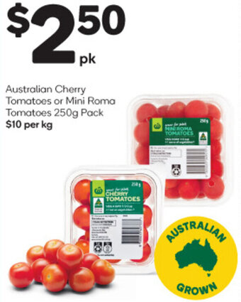 Woolworths Australian Cherry Tomatoes or Mini Roma Tomatoes 250g Pack offer