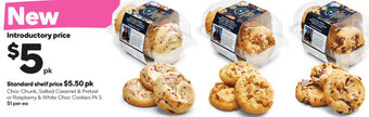 Woolworths Choc Chunk, Salted Caramel & Pretzel or Raspberry & White Choc Cookies Pk 5 offer