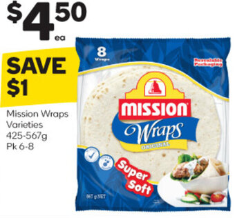 Woolworths Mission Wraps Varieties 425-567g Pk 6-8 offer