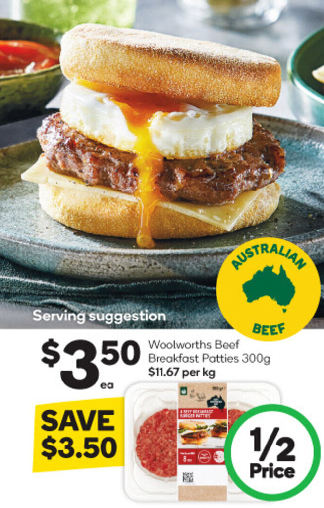 Woolworths Beef Breakfast Patties 300g offer at Woolworths