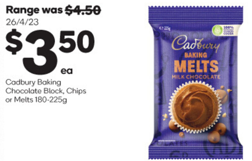 Cadbury Baking Chocolate Block, Chips or Melts 180225g offer at Woolworths