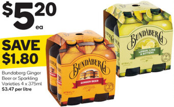 Woolworths Bundaberg Ginger Beer or Sparkling Varieties 4 x 375ml offer