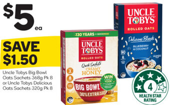 Woolworths Uncle Tobys Big Bowl Oats Sachets 368g Pk 8 or Uncle Tobys Delicious Oats Sachets 320g Pk 8 offer