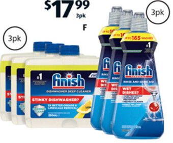 ALDI Finish Rinse Aid 3pk or Dishwasher Cleaner 3pk offer