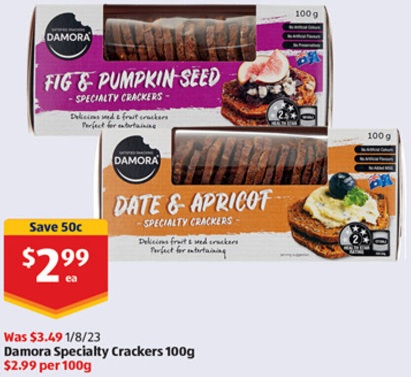 Damora Specialty Crackers 100g offer at ALDI