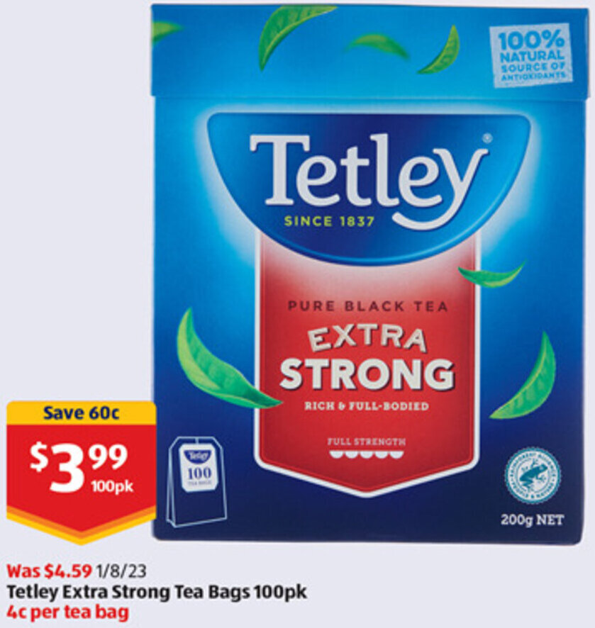 Tetley Extra Strong Tea Bags 100pk offer at ALDI