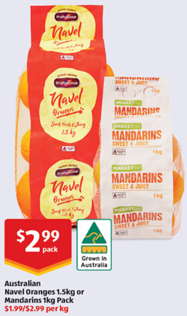 Australian Navel Oranges 1.5kg or Mandarins 1kg Pack offer at ALDI