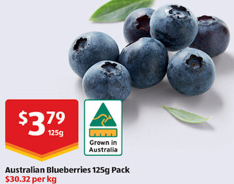 ALDI Australian Blueberries 125g Australian Blueberries 125g Pack $30.32 per kg offer