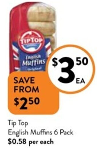 Foodworks Tip Top English Muffins 6 Pack offer