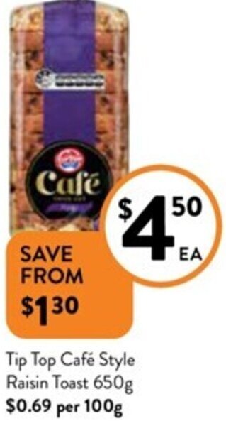 Foodworks Tip Top Café Style Raisin Toast 650g offer
