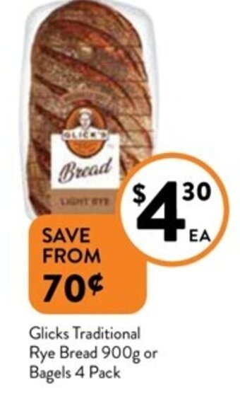 Glicks Traditional Rye Bread 900g or Bagels 4 Pack