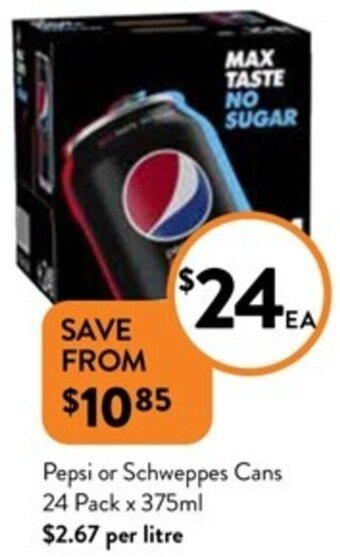 Foodworks Pepsi or Schweppes Cans 24 Pack x 375ml offer