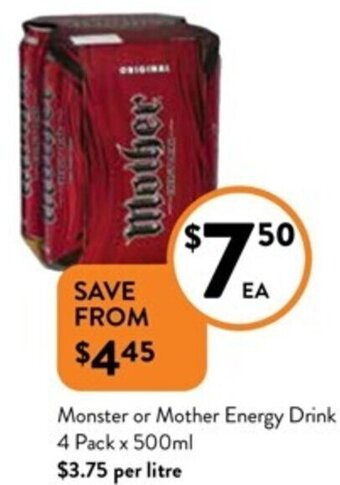 Foodworks Monster or Mother Energy Drink 4 Pack x 500ml offer