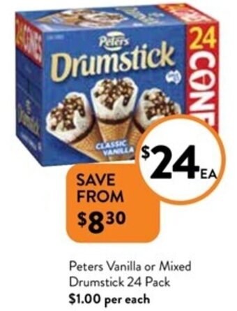 Foodworks Peters Vanilla or Mixed Drumstick 24 Pack offer