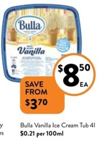 Foodworks Bulla Vanilla Ice Cream Tub 4L offer