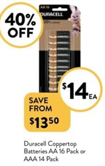 Foodworks Duracell Coppertop Batteries AA 16 Pack or AAA 14 Pack offer