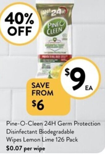 Foodworks Pine-O-Cleen 24H Germ Protection Disinfectant Biodegradable Wipes Lemon Lime 126 Pack offer