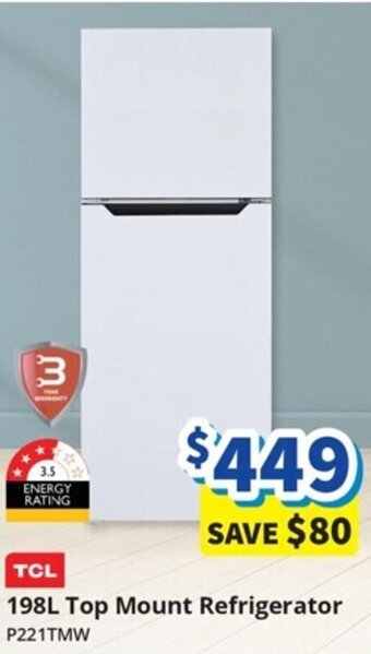 TCL 198L Top Mount Refrigerator P221TMW