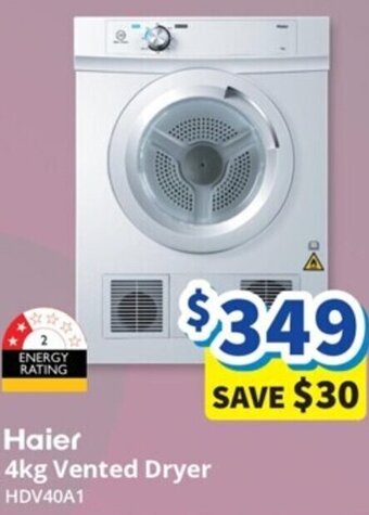 Bi-Rite Haier 4kg Vented Dryer HDV40A1 offer