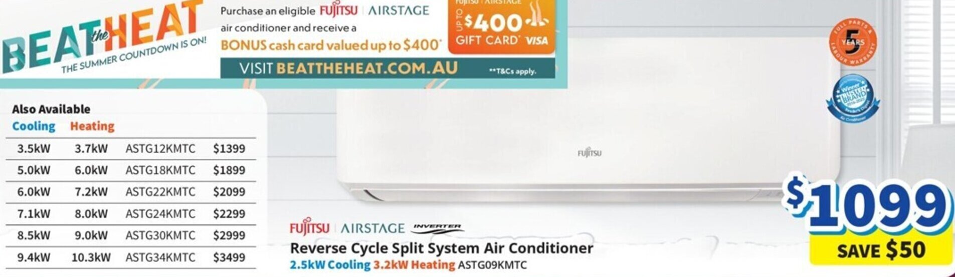 FUJITSU Reverse Cycle Split System Air Conditioner 2.5kW Cooling 3.2kW