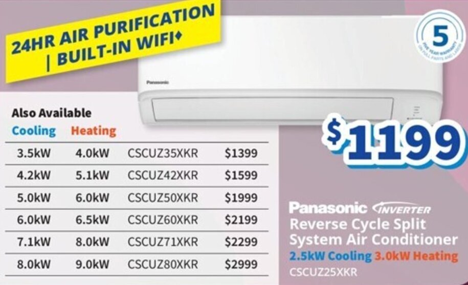 Panasonic INVERTER Reverse Cycle Split System Air Conditioner 2.5kW