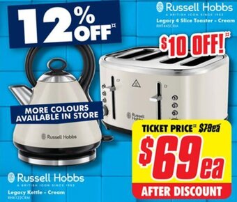 The Good Guys Russell Hobbs Legacy Kettle - Cream, Legacy 4 Slice Toaster - Cream offer